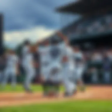 Players celebrating a victory on the baseball field after a surprising win, with fans cheering in the background.