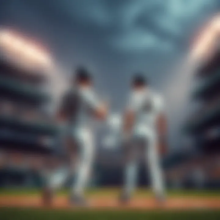 Two baseball players preparing to bat during a Major League Baseball game, with fans cheering in the stands.