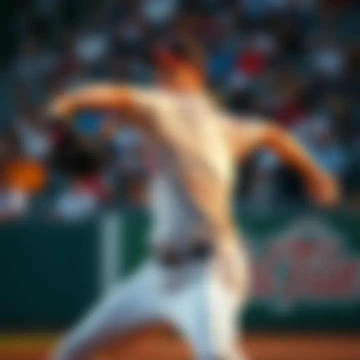 A focused baseball pitcher in mid-throw, showcasing a powerful strike against a batter.