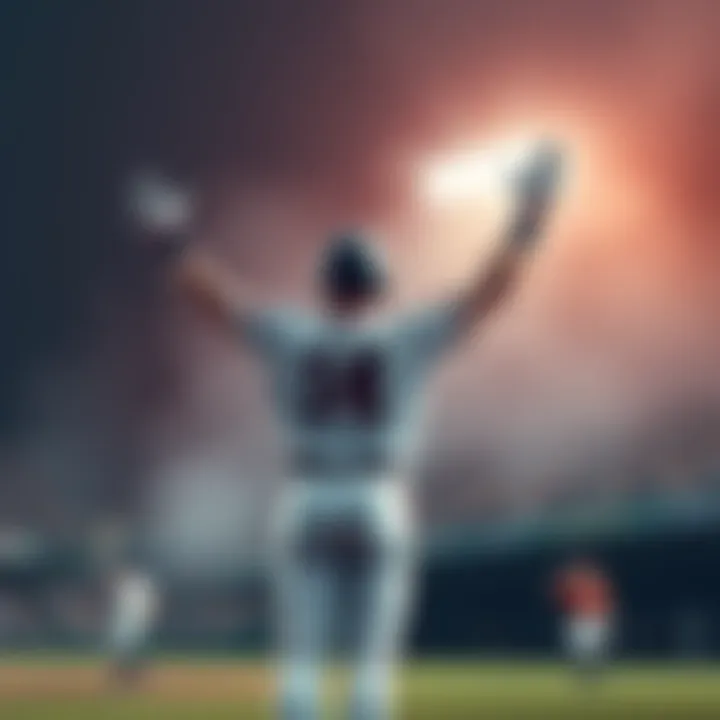 A baseball player standing on the field with arms raised in celebration after hitting a home run during a game.