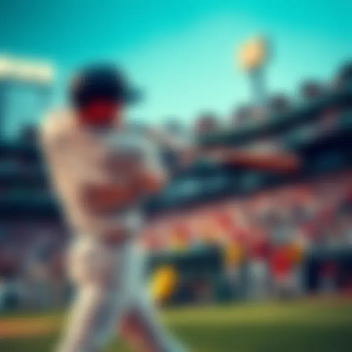 A baseball player swings at a pitch and hits a home run during a game, with fans cheering in the background