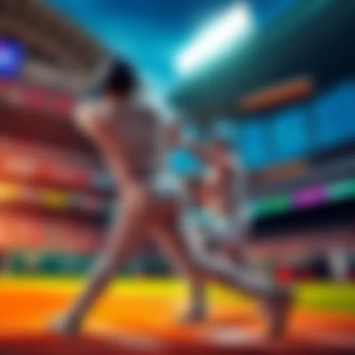 Baseball Player Hitting a Home Run A baseball player swings at a pitch and hits a home run in a vibrant stadium.