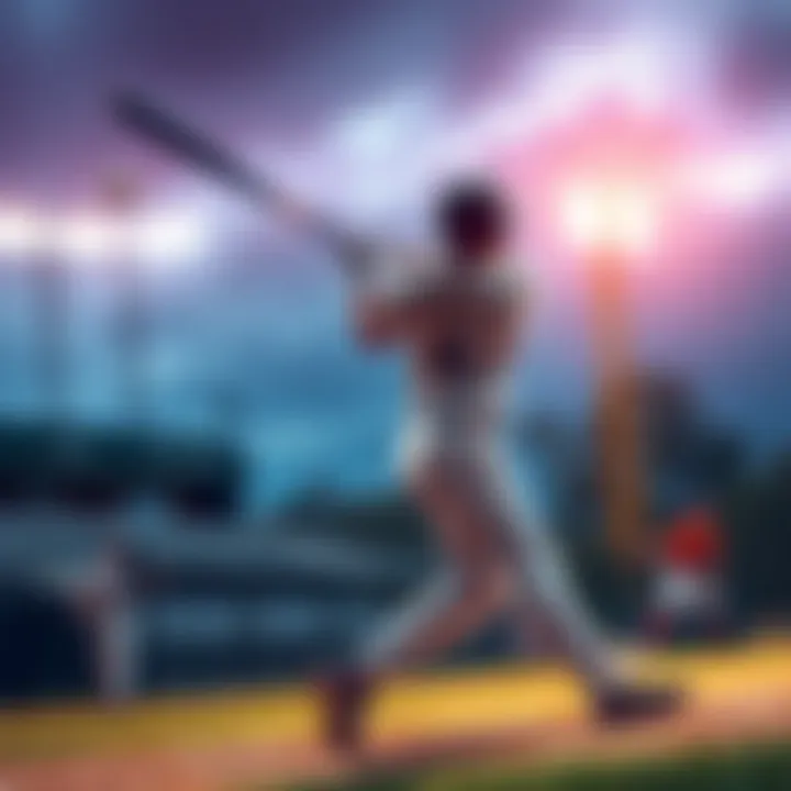 A baseball player hits a homerun, celebrating as the ball soars into the sky.