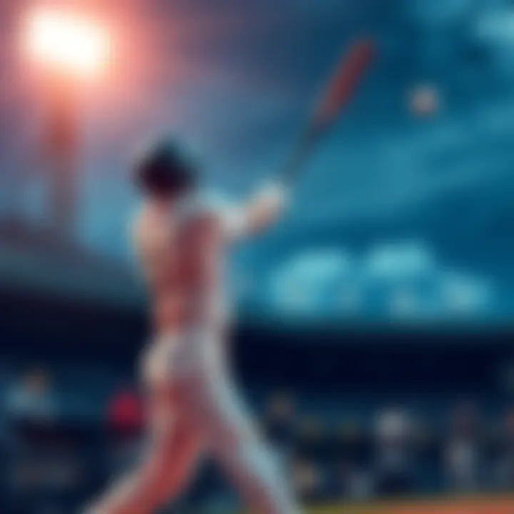 Baseball player hitting a home run A baseball player swings the bat and connects with the ball, sending it high into the sky during a game.