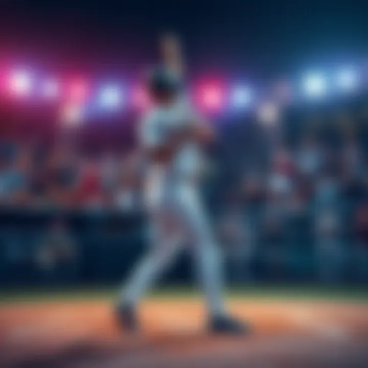 Baseball player about to hit a home run A baseball player stands at the plate, ready to swing as the crowd watches in excitement, just one home run away from a major milestone.