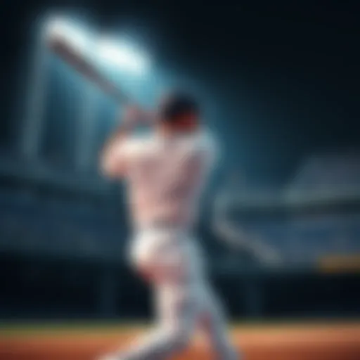 A baseball player in mid-swing at bat during a game, with an empty stadium in the background