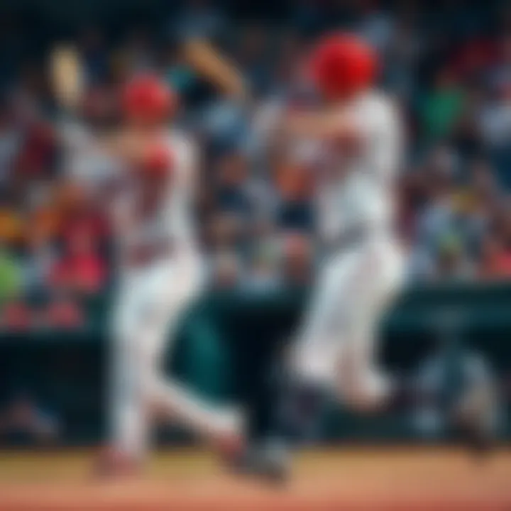 Baseball Players Hitting Home Runs Two baseball players swinging bats during a game, aiming for home runs, with the crowd in the background cheering.