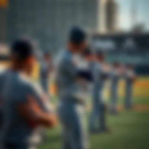 A group of baseball players in uniforms practicing on the field during Spring Training, showcasing teamwork and skill development.