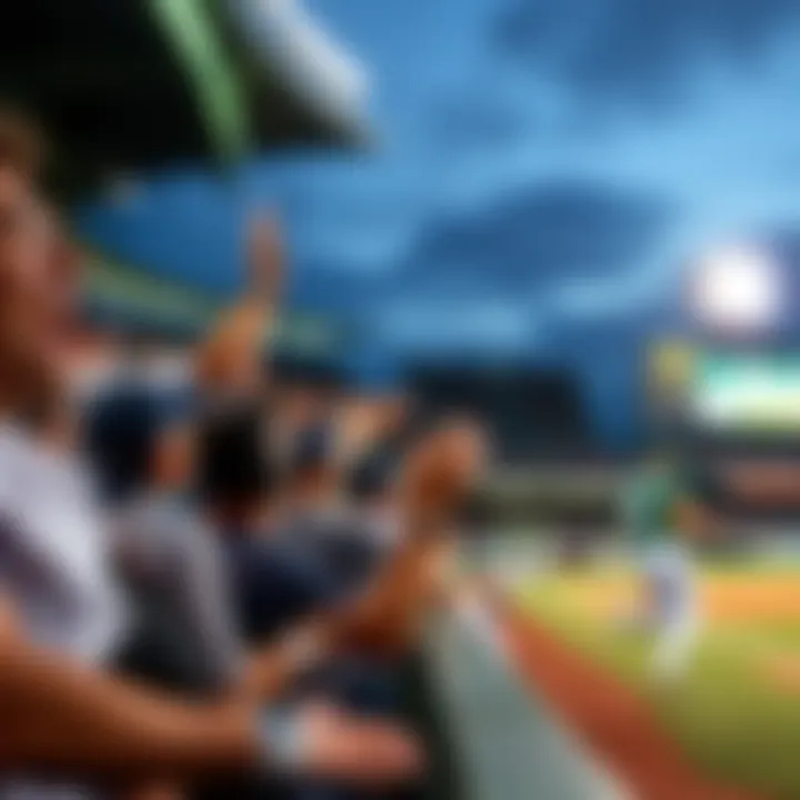 Fans cheering during a baseball preseason game with players in action on the field
