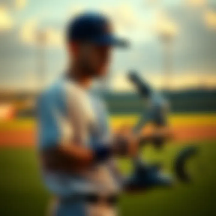 A baseball player stands on the field with a microscope and baseball equipment, illustrating the link between baseball and science.