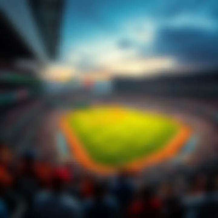 A busy baseball stadium filled with cheering fans, showcasing players on the field during a game.