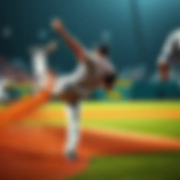 A pitcher throwing a baseball while a batter misses, capturing the intensity of a strikeout during a game.