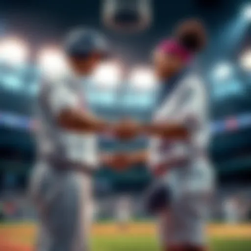 A baseball player and a WNBA player shaking hands at a game, showing camaraderie between the sports.