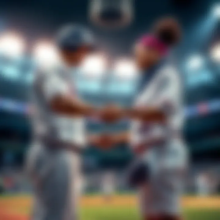 A baseball player and a WNBA player shaking hands at a game, showing camaraderie between the sports.