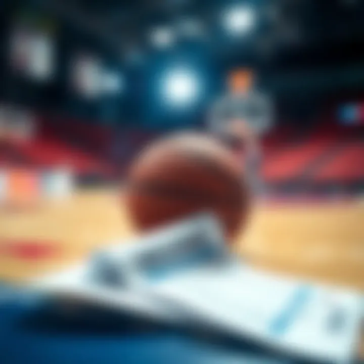Basketball Betting Predictions A close-up of a basketball court with a betting slip and a basketball on it, representing NCAA basketball betting predictions.