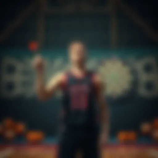 A basketball player stands with a dart in hand, looking skeptical about his performance on the court, surrounded by a dartboard and basketballs.