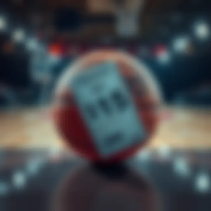 A basketball with a bet slip showing a wager of 15 dollars and a potential payout of 200 dollars, set against a basketball court background.