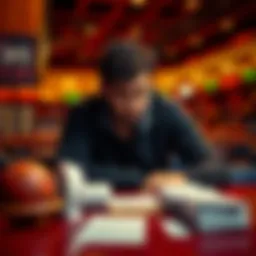 A person sitting at a table with betting slips, looking frustrated and contemplative after losing in NBA betting.
