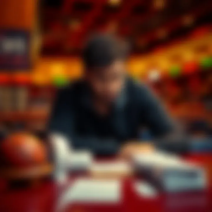 A person sitting at a table with betting slips, looking frustrated and contemplative after losing in NBA betting.