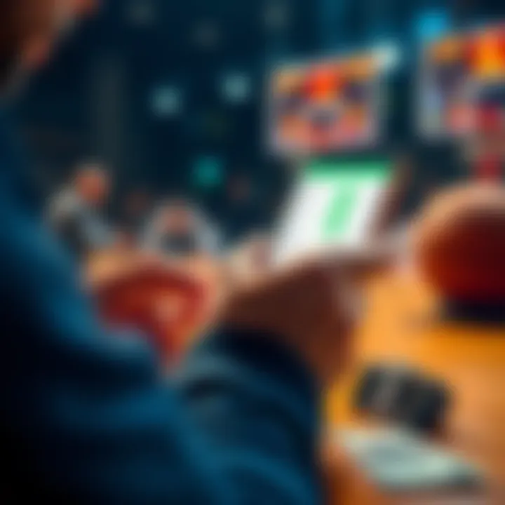 A person placing a sports bet on basketball games using a smartphone and a betting slip, with a $5 bill nearby.