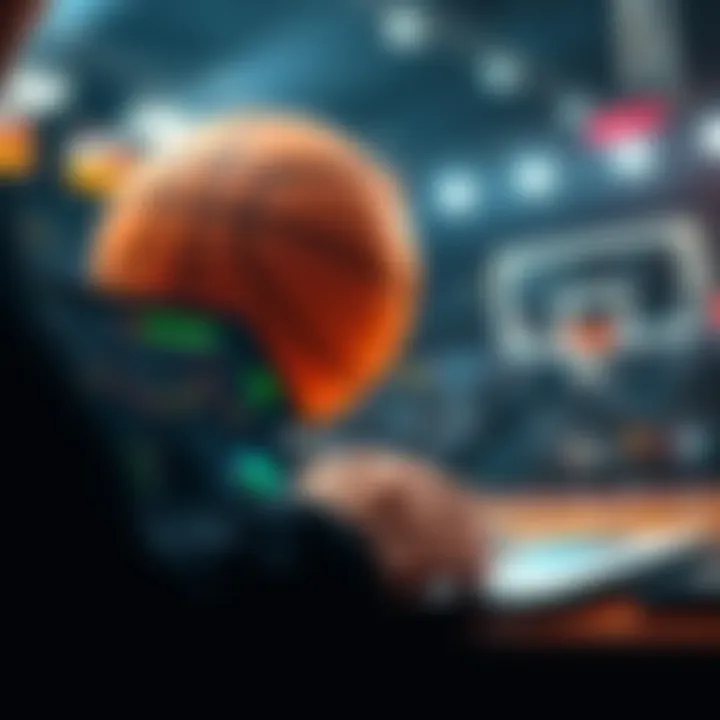 A person analyzing basketball stats and placing a bet on a game, with a basketball in the background
