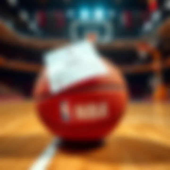 A basketball with a betting slip and PrizePicks logo on a wooden court