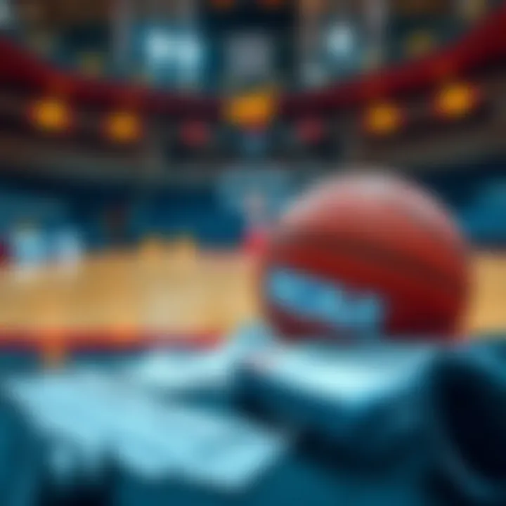 Basketball Betting Tips A basketball court with betting slips and a basketball on a table, showing preparation for NCAABB games.