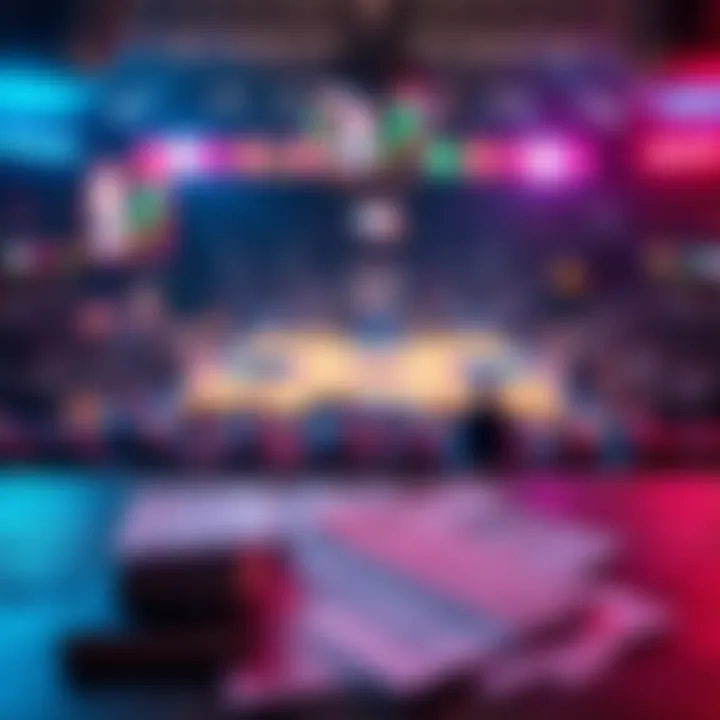 A sports betting scene with a basketball game in the background and betting slips on the table