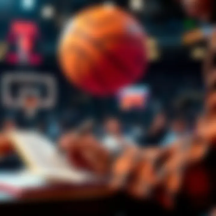 A person placing bets on NBA games with a notebook and a basketball in the background