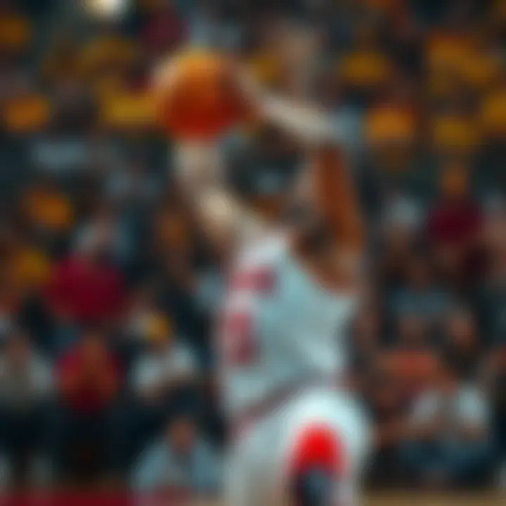 A basketball player making a controversial block during a game, with fans reacting in the background.