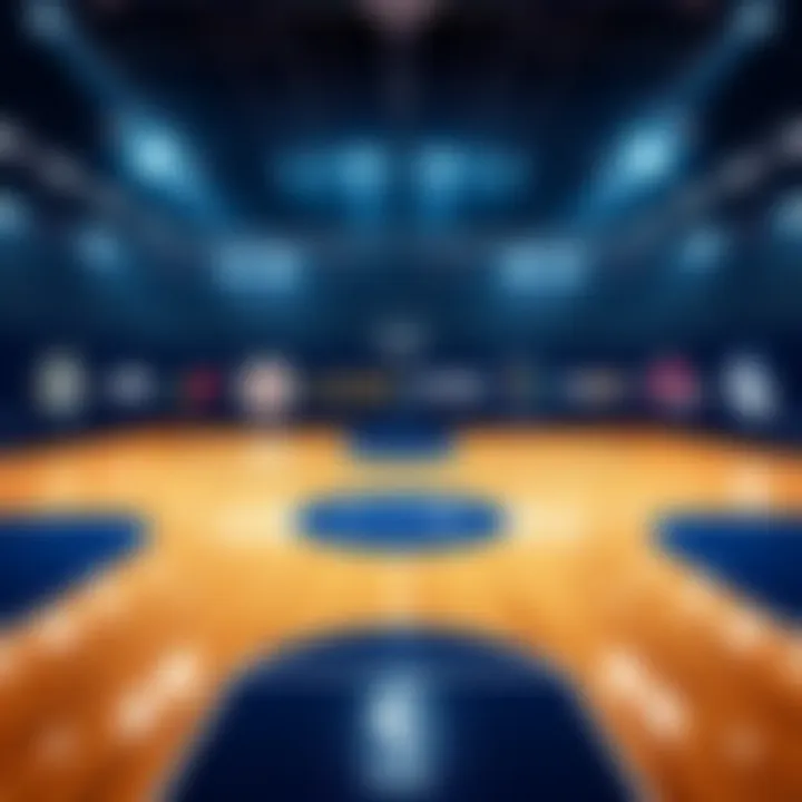 A basketball court featuring logos of the Elite Eight teams for the NCAABB event