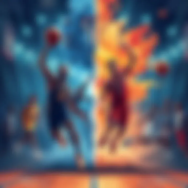 Illustration showing the gap between powerful and mid-level basketball conferences with teams and players in action