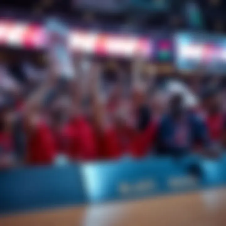 A group of excited basketball fans watching a game, holding signs and wearing team colors, celebrating a potential victory.