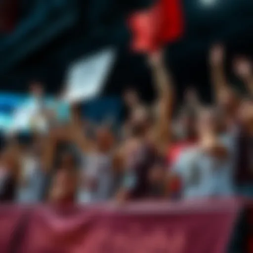 A group of excited basketball fans wearing team jerseys, holding banners and cheering during a game