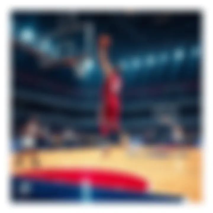 A player makes a jump shot during an intense basketball game on the court