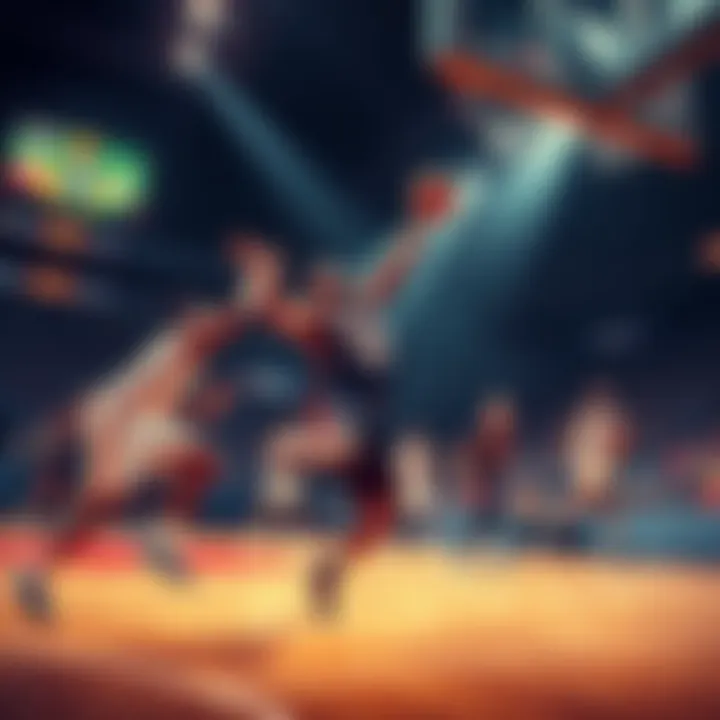 Players competing in a thrilling basketball game with a crowd cheering in the background