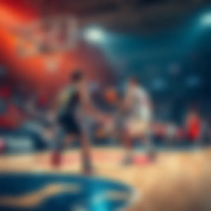 Two college basketball teams, Tulsa and Auburn, playing on a court during a game with fans cheering in the background.