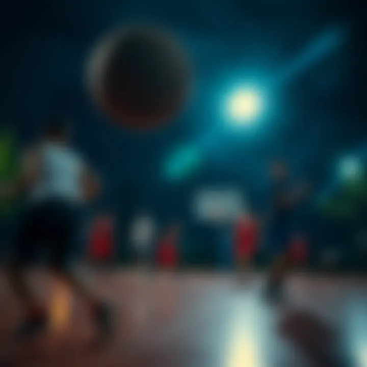 A lively basketball game in a lit outdoor court with players in action