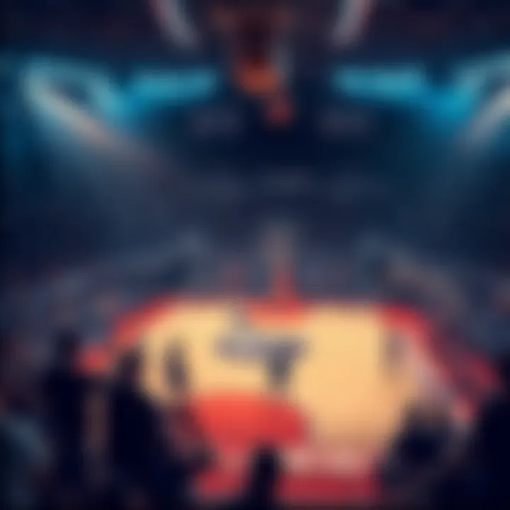 A basketball court with players preparing for a game, showcasing Flagg as a key competitor, while fans eagerly anticipate the match.