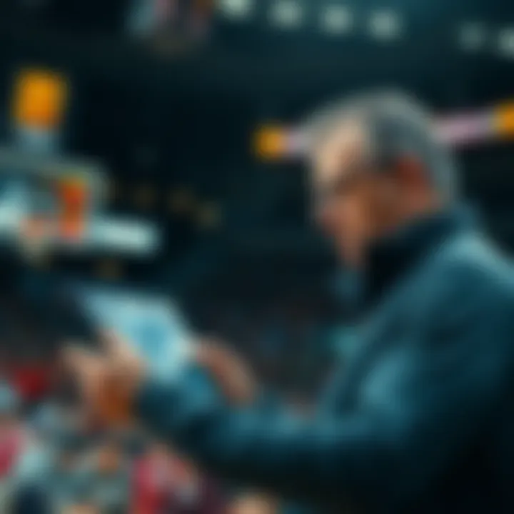 A basketball coach reviewing game statistics and strategies on a digital tablet during a college game.