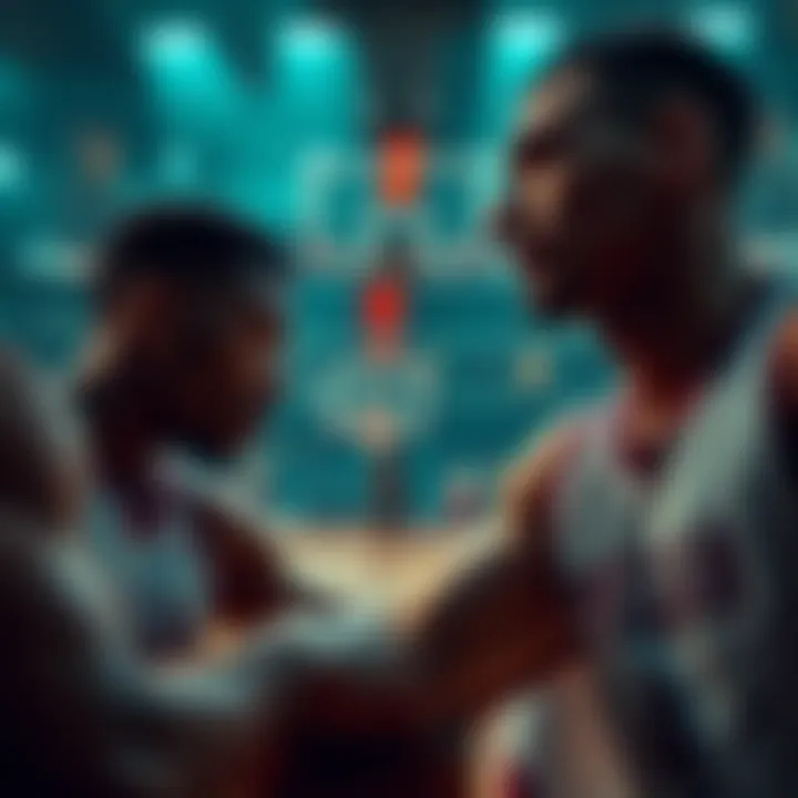 Players intensely focused as the clock runs down in a close basketball game.