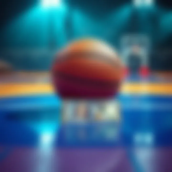 A basketball placed next to a single banknote on a court floor