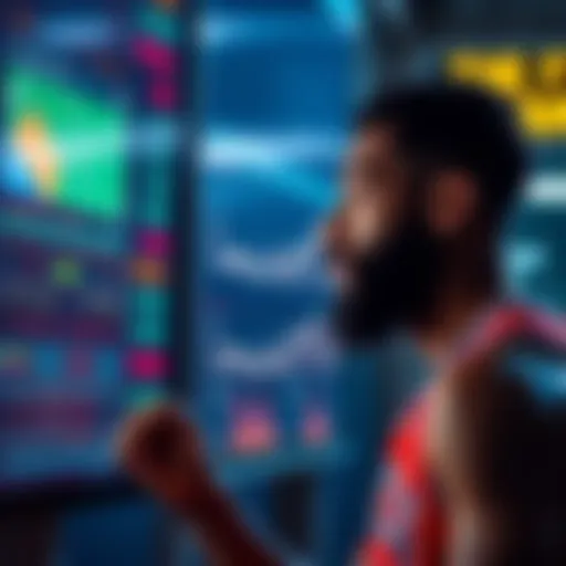 Basketball player analyzing game statistics A basketball player looks over performance stats on a digital screen, contemplating betting choices.