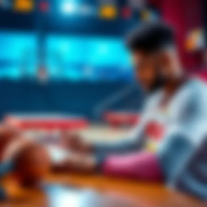 A basketball player reviewing stats and player choices on a table with a basketball and clipboard in the background