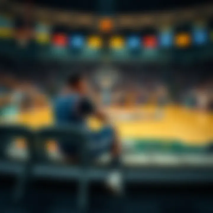 Frustrated basketball player sitting on the bench after scoring points, watching the game from the sidelines