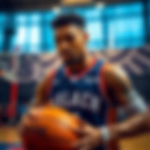 A basketball player in a gym, focusing on training for the upcoming draft, with a basketball in hand and determination on his face.