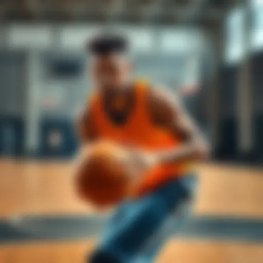 A basketball player practicing dribbling on the court, showcasing physical fitness and focus.