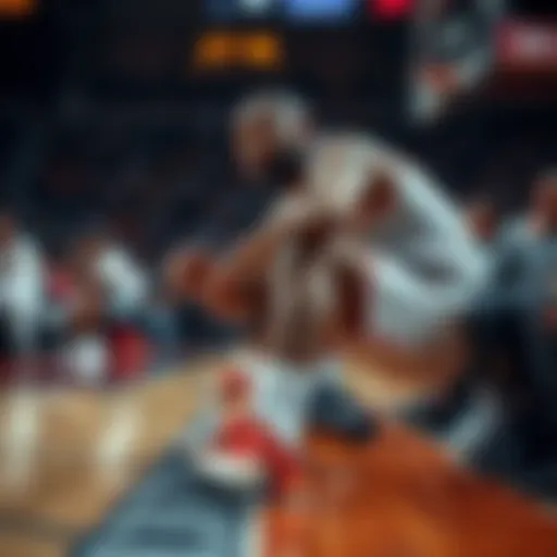 A basketball player sitting on the bench with a visible leg injury, showing concern
