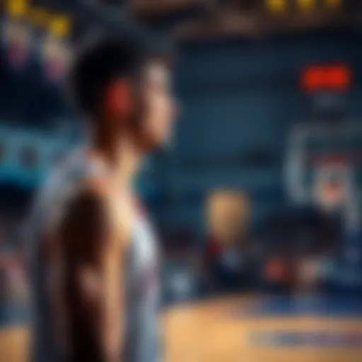 A basketball player intensely watches the court, showing determination and focus, hinting at motivation for future games.