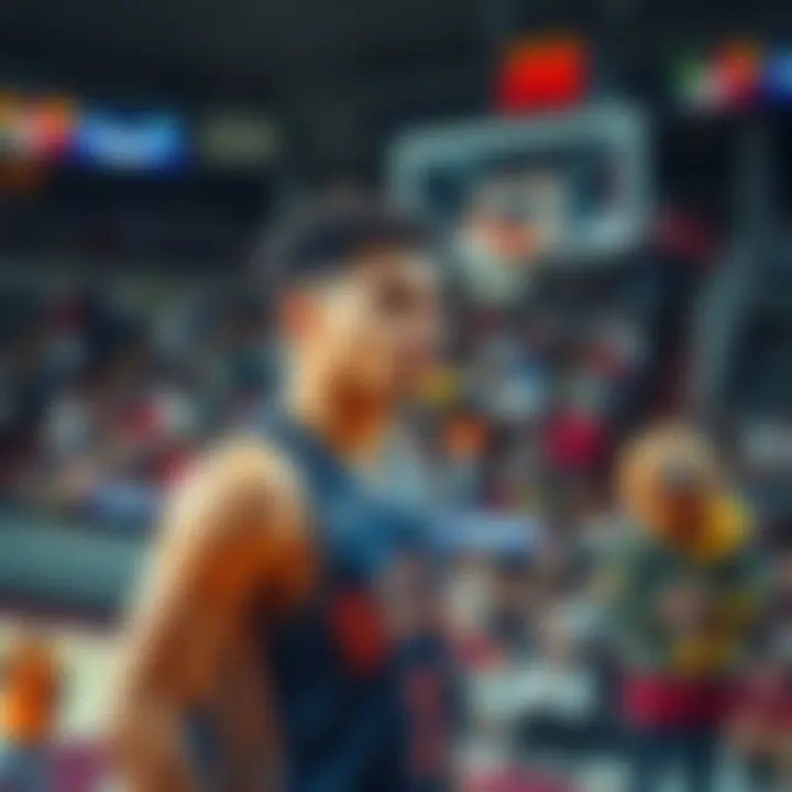 Basketball player under pressure during game Basketball player looking stressed on court during fourth quarter, with fans reacting in the background